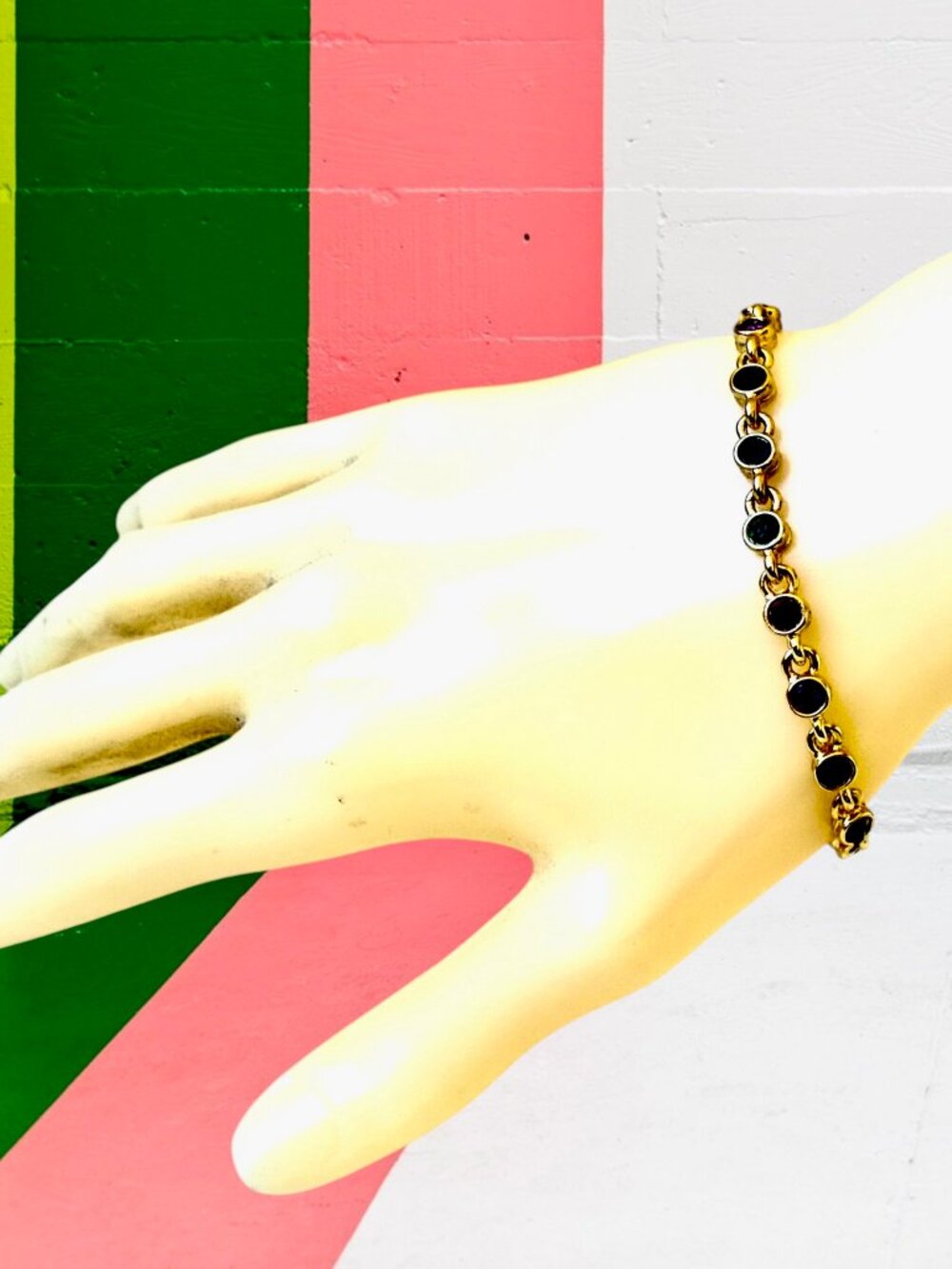 Vintage Gold Tone Linked Bracelet with Faux Stones 7 in